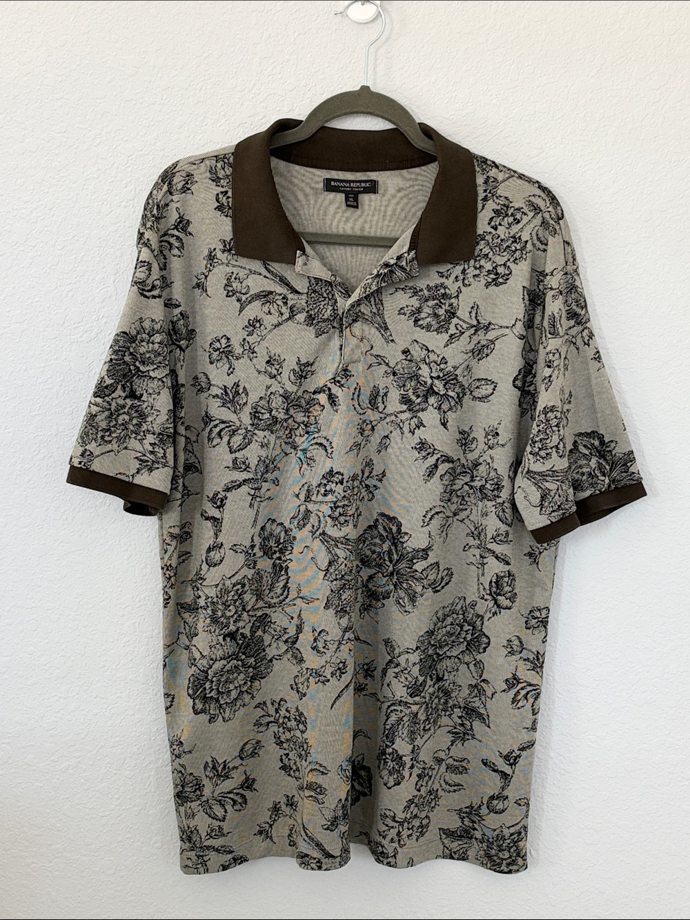 Banana Republic Luxury Touch Tall XL Floral Polo Shirt Brown Beige